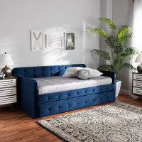 Baxton Studio CF9183-Navy Blue-Daybed-T/T Jona Modern and Contemporary Transitional Navy Blue Velvet Fabric Upholstered and Button Tufted Twin Size Daybed with Trundle